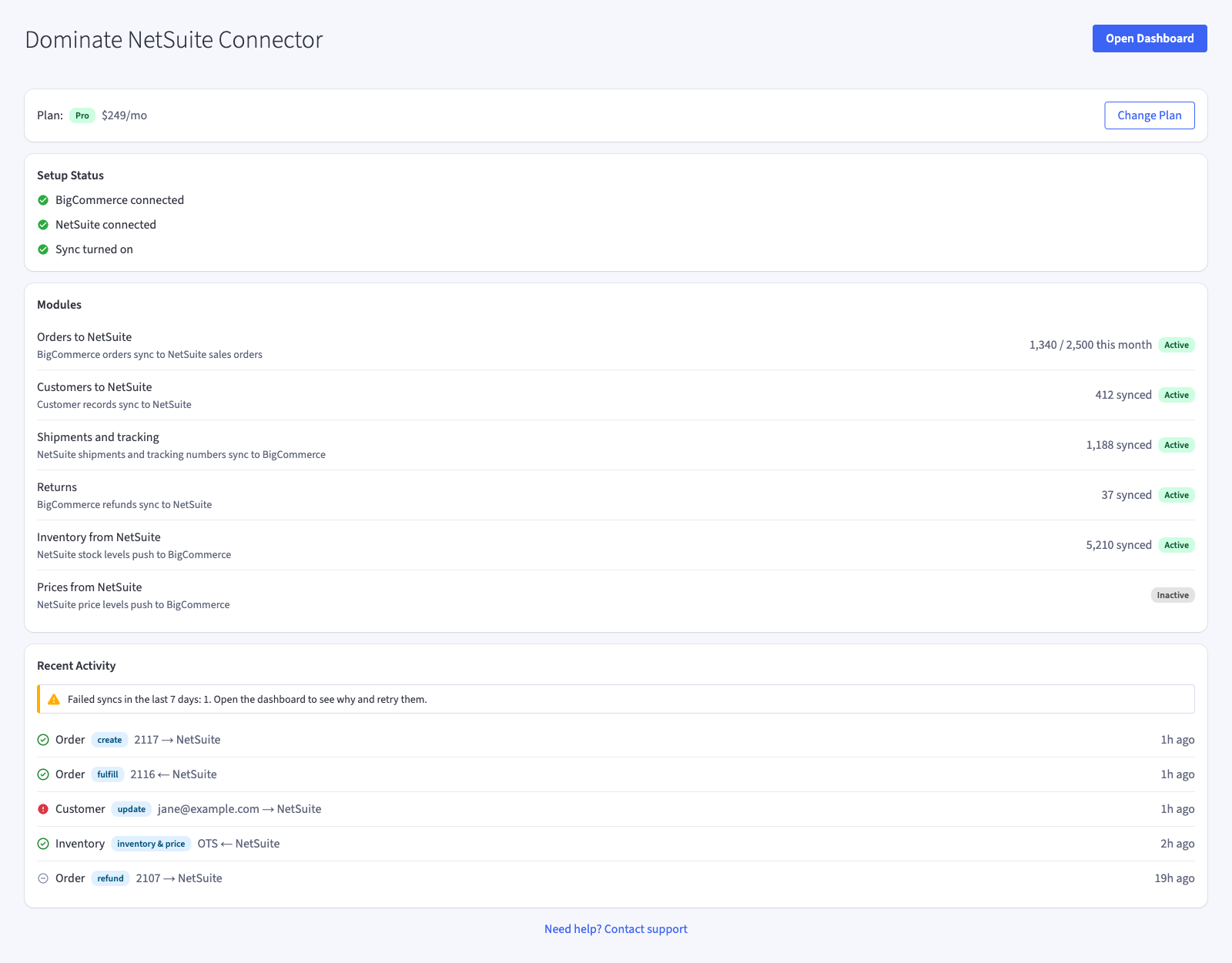 The app page in BigCommerce: plan, setup status, modules and recent activity