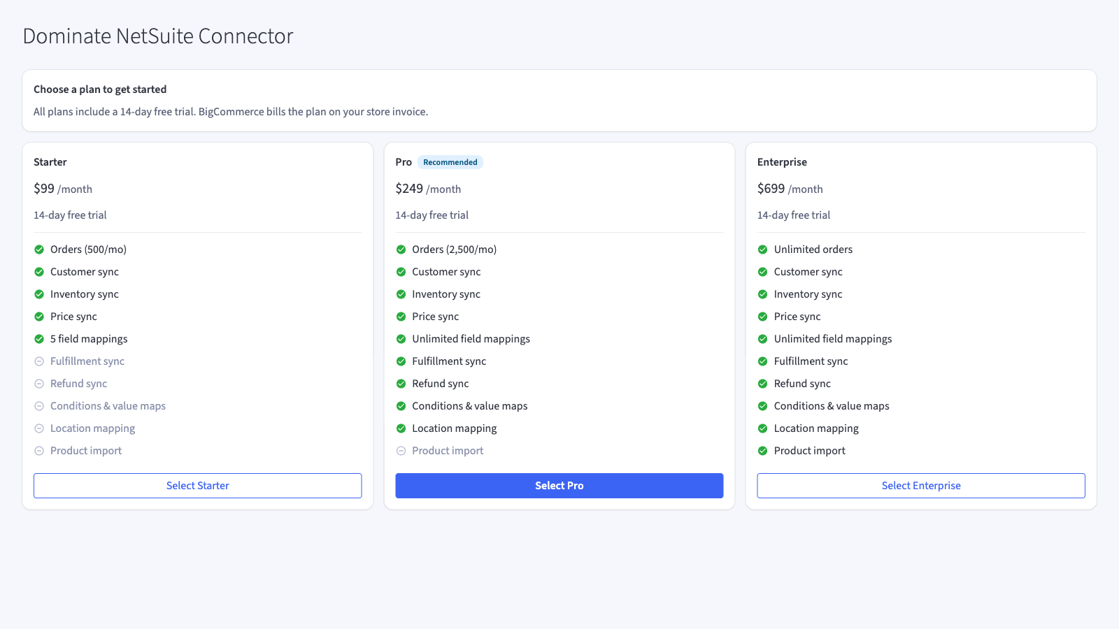 The plan picker on first install, with the 14-day free trial