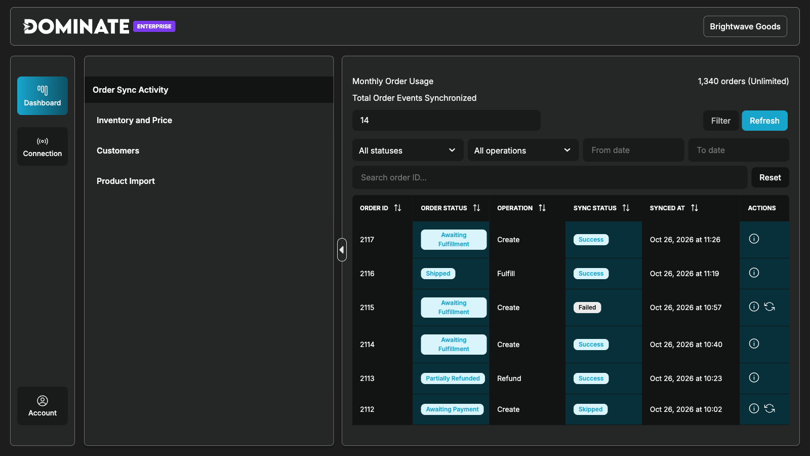 Order Sync Activity in the dashboard, with the filter bar open