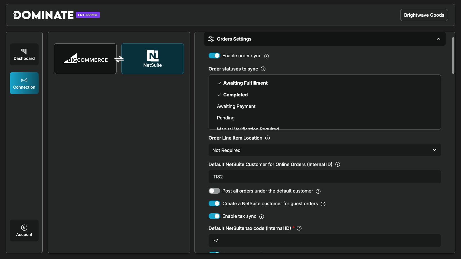Orders Settings: the order statuses that send an order to NetSuite
