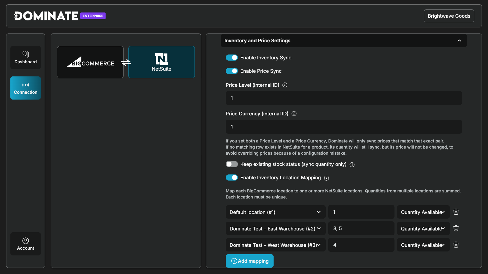 Inventory and Price Settings with location mapping turned on