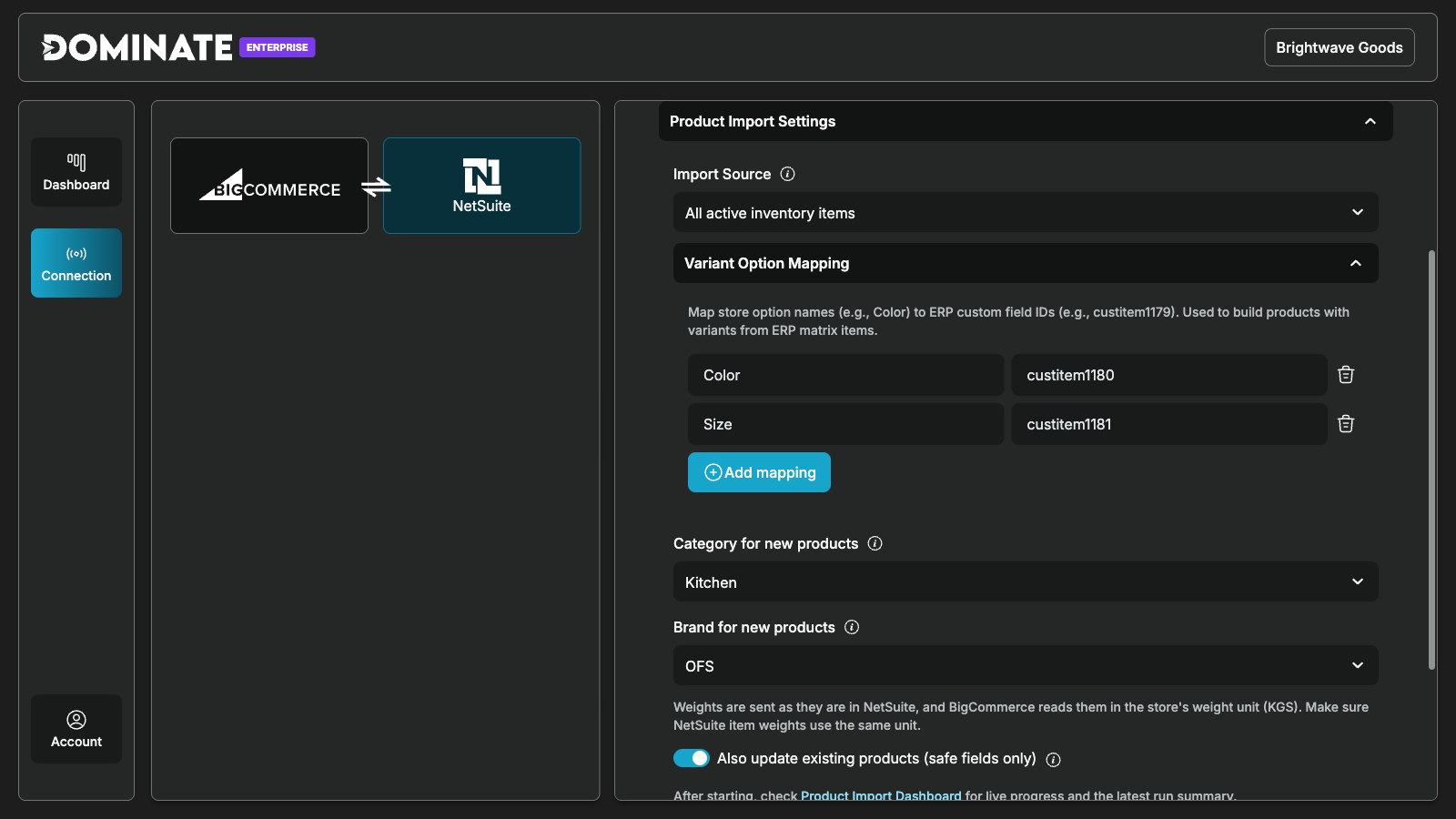 Product Import Settings with variant option mapping