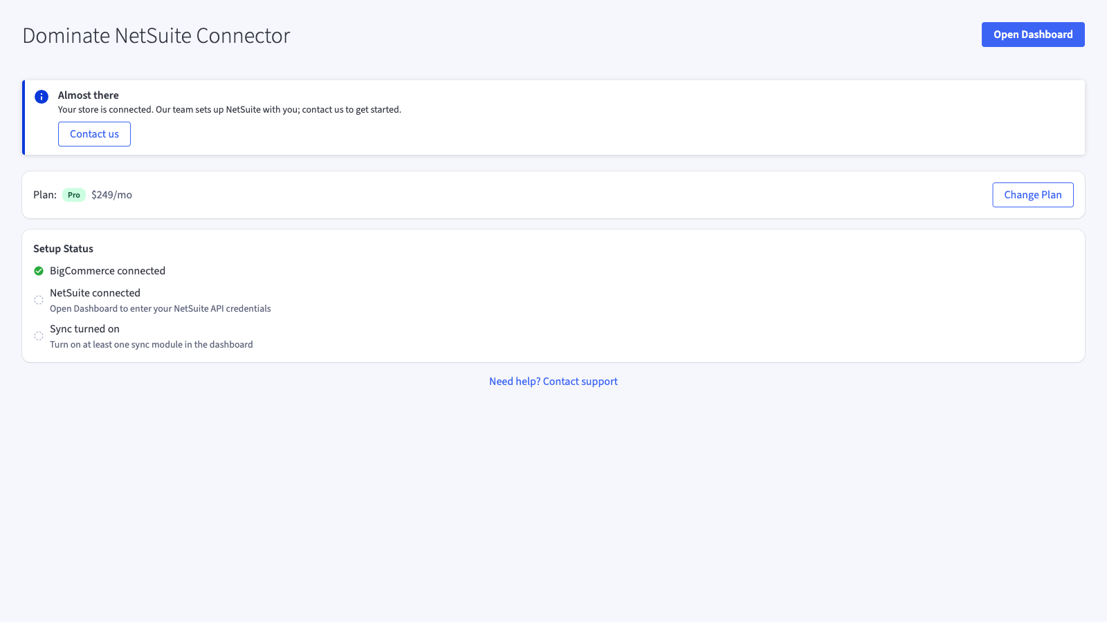 The app page right after install: your store is connected and NetSuite is next